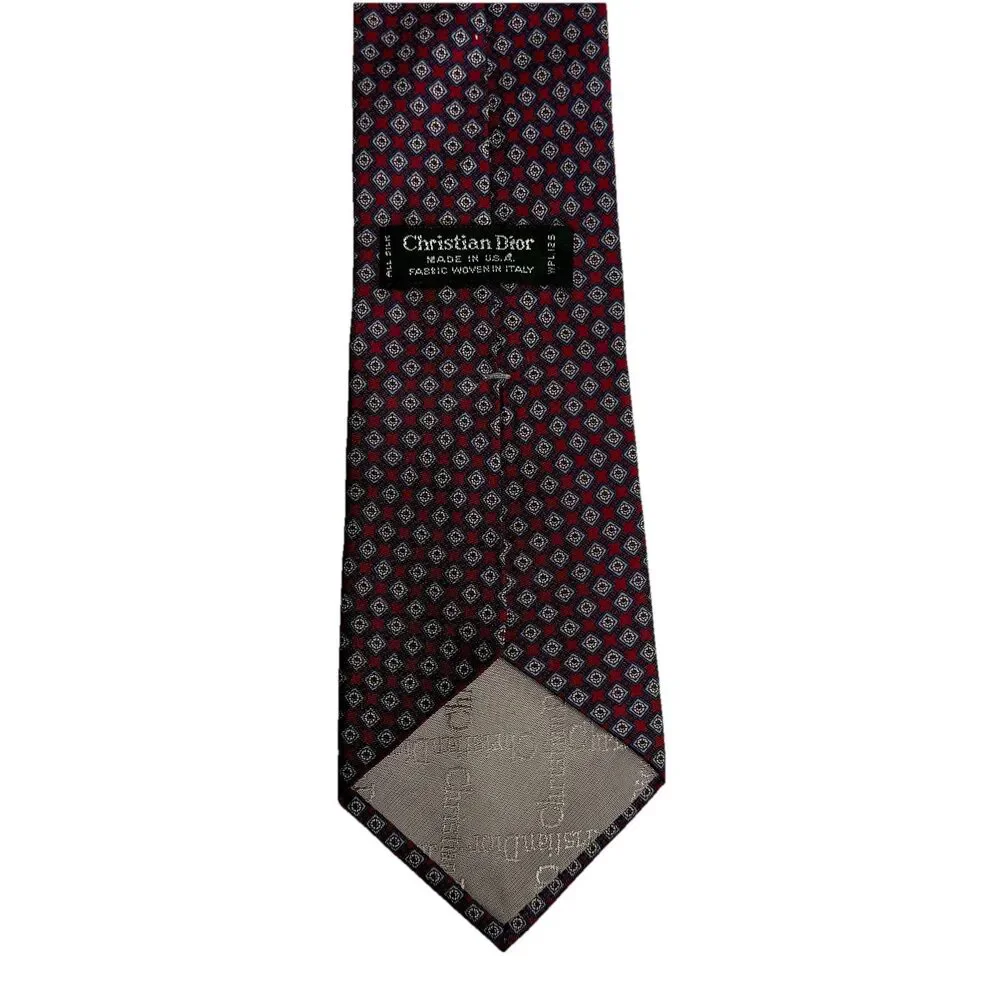 CHRISTIAN DIOR Men's Silk Tie - Red Navy Diamond Square Geometric 55.5